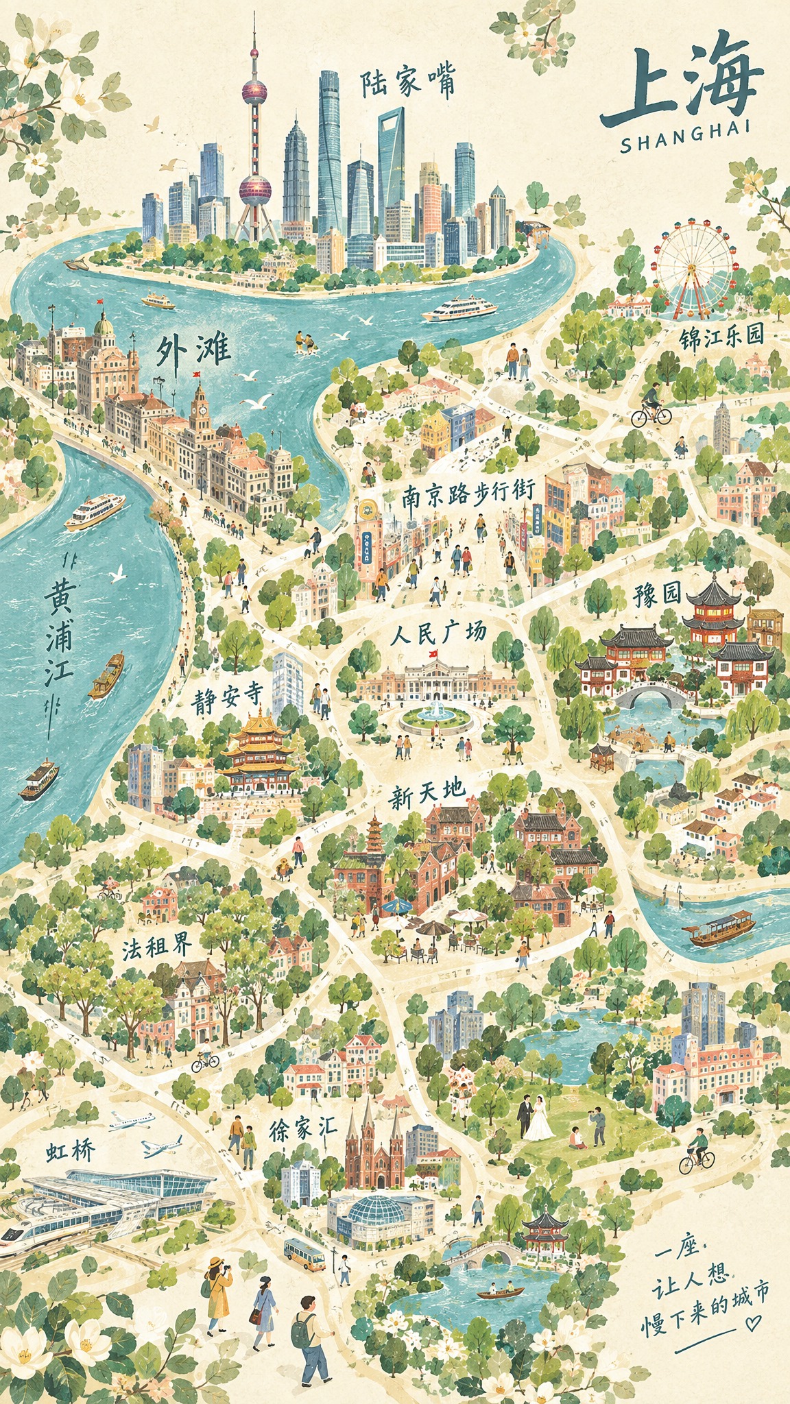 参考图中的手绘插画风格、配色方案和人物画风，将画面改为上海城市… - 图片创意预览