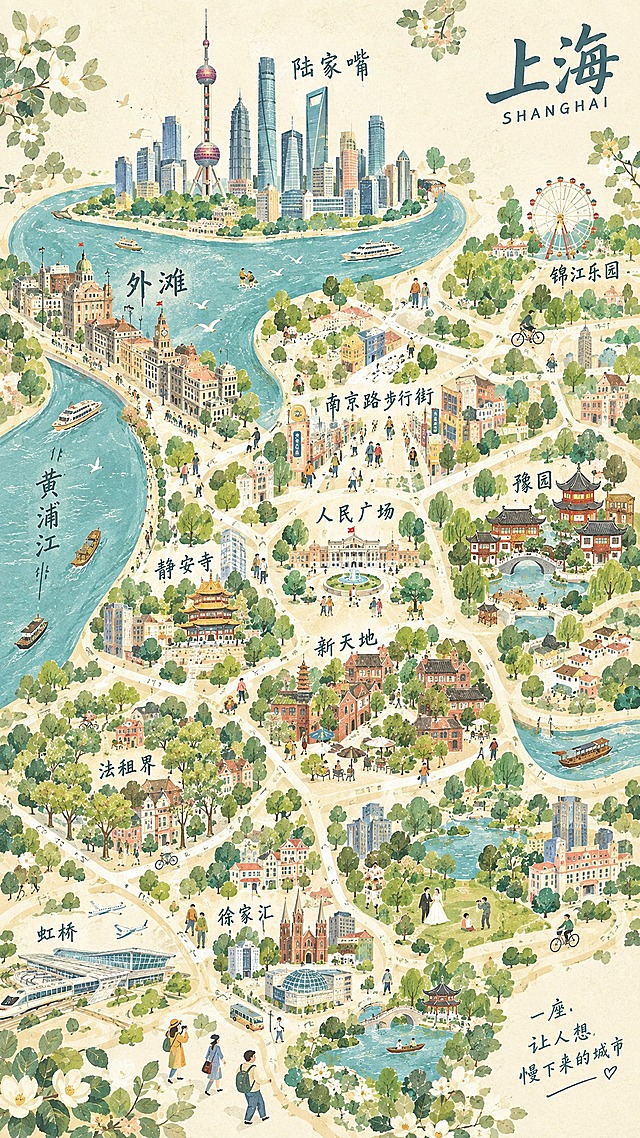 参考图中的手绘插画风格、配色方案和人物画风，将画面改为上海城市手绘地图，竖版构图。地图路网结构参考百度地图的上海城区道路布局，包含黄浦江、外滩、陆家嘴、人民广场、豫园等标志性区域。采用扁平手绘插画风格，米黄色暖色调底色，柔和的莫兰迪配色，画面中有行走的小人、建筑、树木、河流等元素，整体风格温馨治愈，具有手绘质感和装饰性。竖版构图，比例为9:16。
