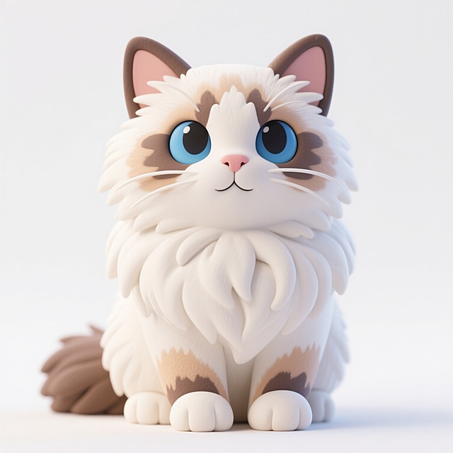 一只蓝眼睛的布偶猫，毛发蓬松柔软，主要为白色，夹杂着浅棕色和深棕色的斑纹，耳朵竖立，表情温和，背景为纯白色。