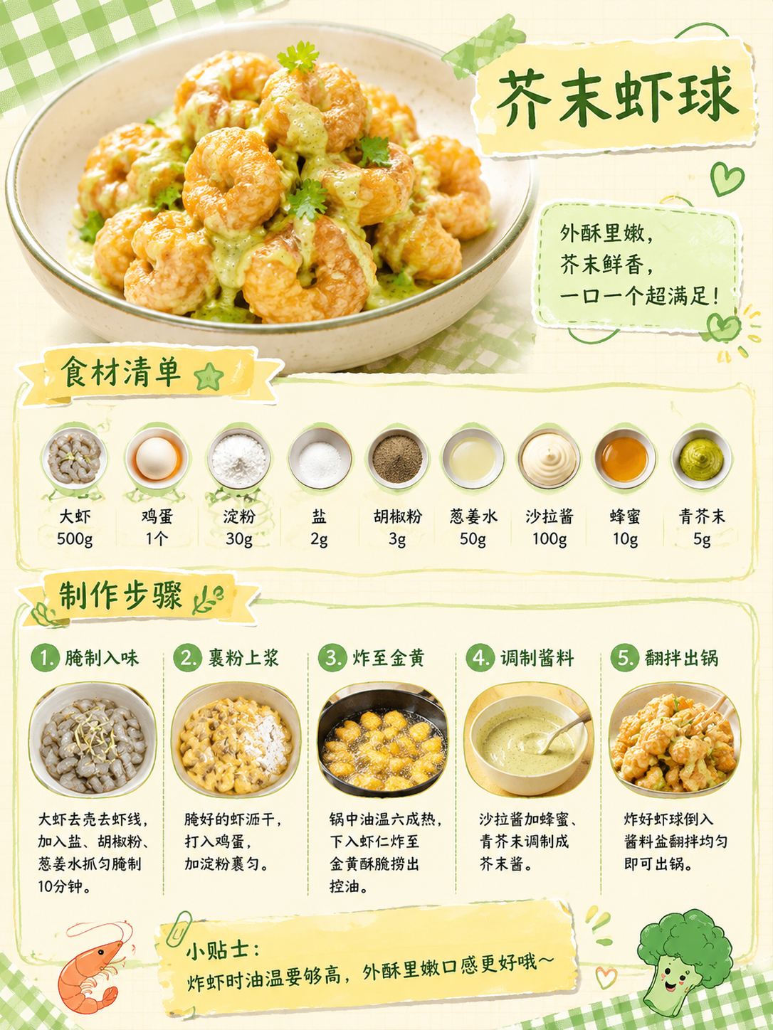 参照参考图的版式骨架和手绘食谱风格，重新设计一款芥末虾球的菜谱… - 图片创意预览