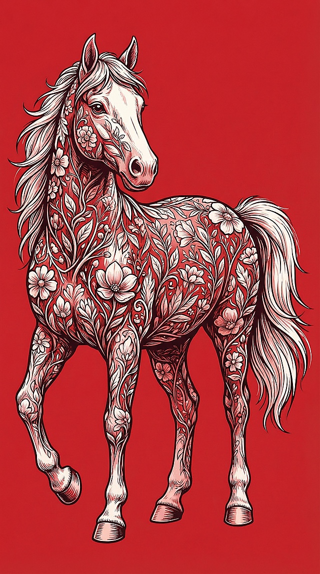 国潮风插画，描边浮雕手法呈现花卉纹样马身，红底白线勾勒唯美感与优雅文艺气息，寓意新春祥瑞。