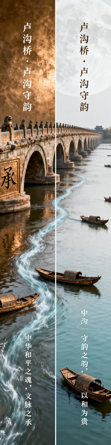 竖版单张古桥海报，为整体四张竖排并列拼接中的第二张（左二），主体卢沟桥雄浑横卧永定河面，承接第一张海报的流水，流水从本幅左上斜向右下贯穿衔接下一张，整体古铜色月色白主色调，桥转角隐刻篆字"承"，数艘古预览效果
