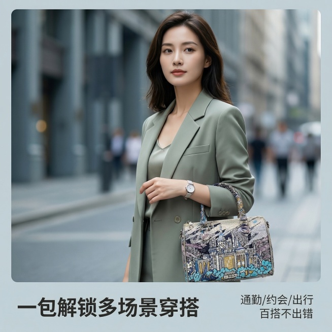 [主图 5] 穿搭百搭展示场景主图
[氛围/风格] 复古艺术轻奢杂志风，商业级电商主图，8K超高清，时尚杂志风穿搭场景，视觉吸睛
[画面元素] 严格还原产品包身所有细节，25-35岁气质优雅都市女性手预览效果