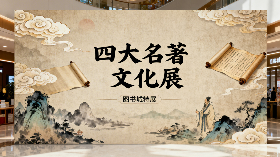 图书城四大名著展板背景板，古典国风风格，融入四大名著经典元素，比如祥云、卷轴、水墨山水，整体色调沉稳雅致，营造浓厚的文学氛围预览效果