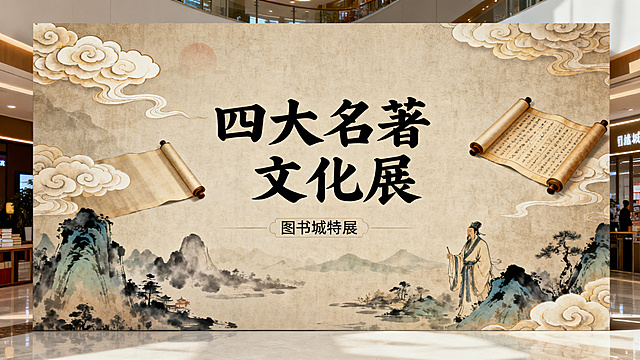 图书城四大名著展板背景板，古典国风风格，融入四大名著经典元素，比如祥云、卷轴、水墨山水，整体色调沉稳雅致，营造浓厚的文学氛围