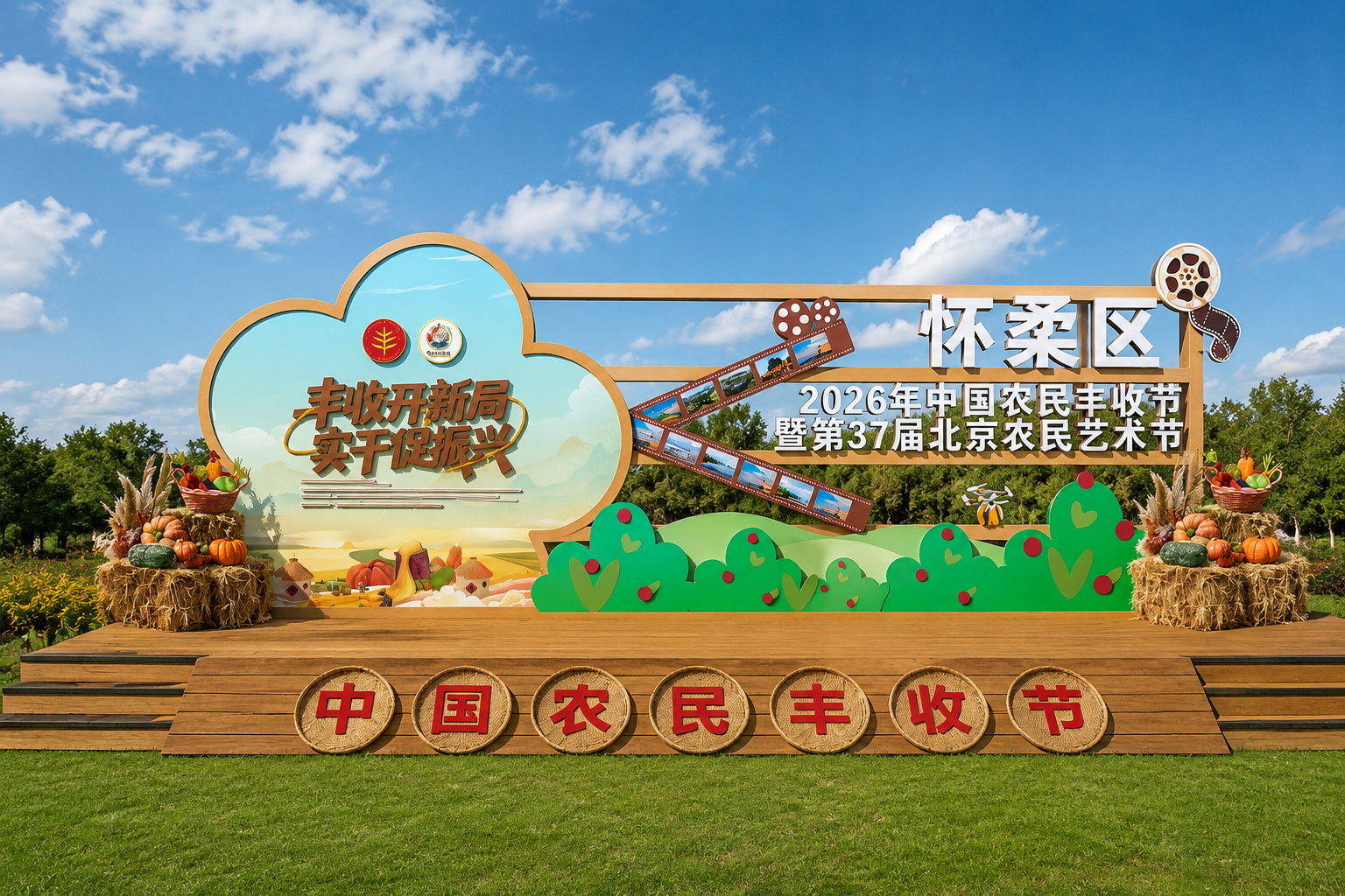 基于参考图的舞台设计布局，生成真实渲染的丰收节舞台成品图，完全… - 图片创意预览