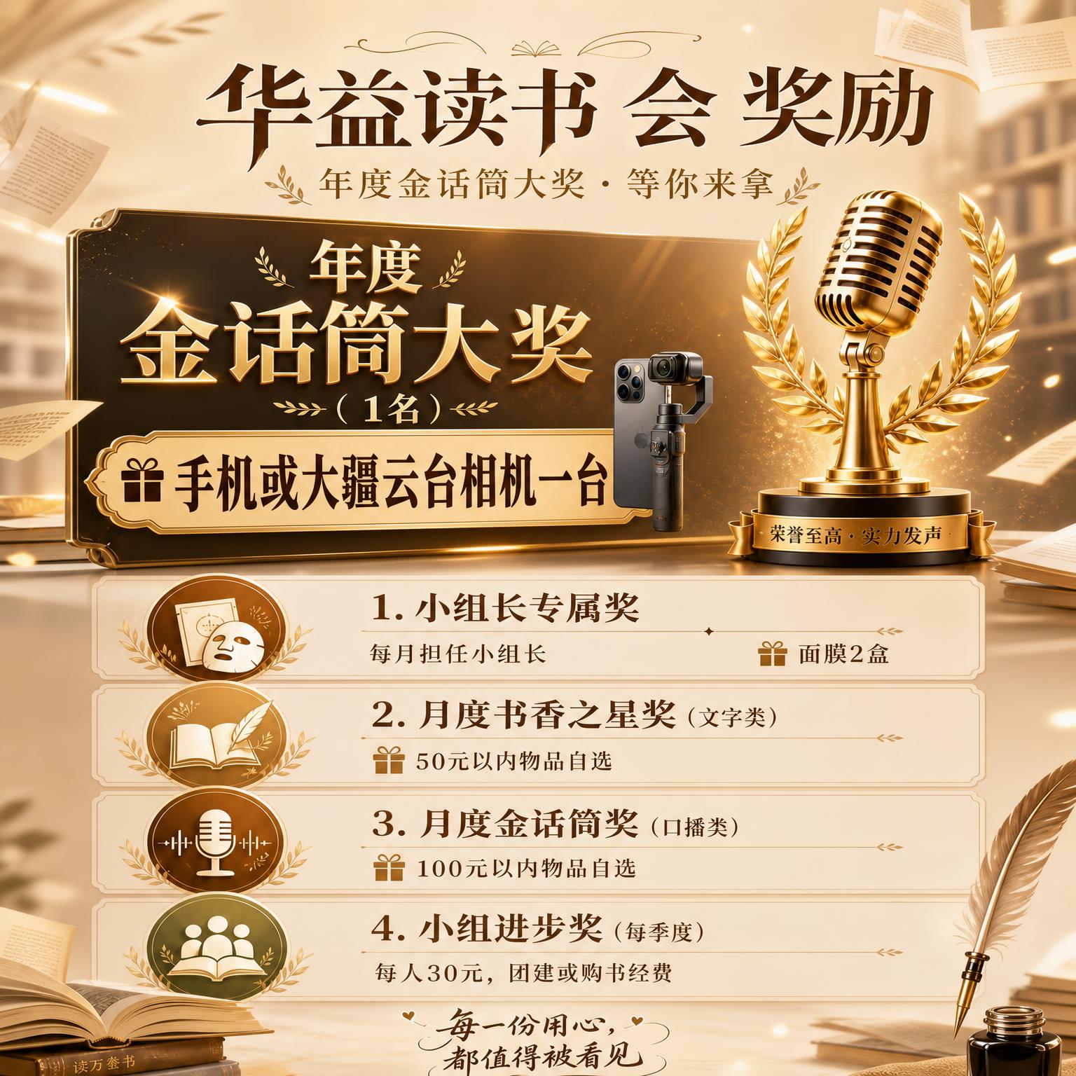 基于这张读书会奖励海报，将"手机或大疆云台相机一台"这段文字的… - 图片创意预览