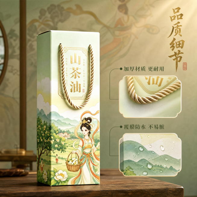 [主图-2] 山茶油礼盒材质卖点展示。氛围风格：国潮敦煌风古风设计，古雅精致氛围。画质：商业摄影质感，光线柔和通透，产品清晰真实，画面干净高级。元素：一张古风桌子上对角斜向摆放山茶油礼盒，主体产品占画预览效果