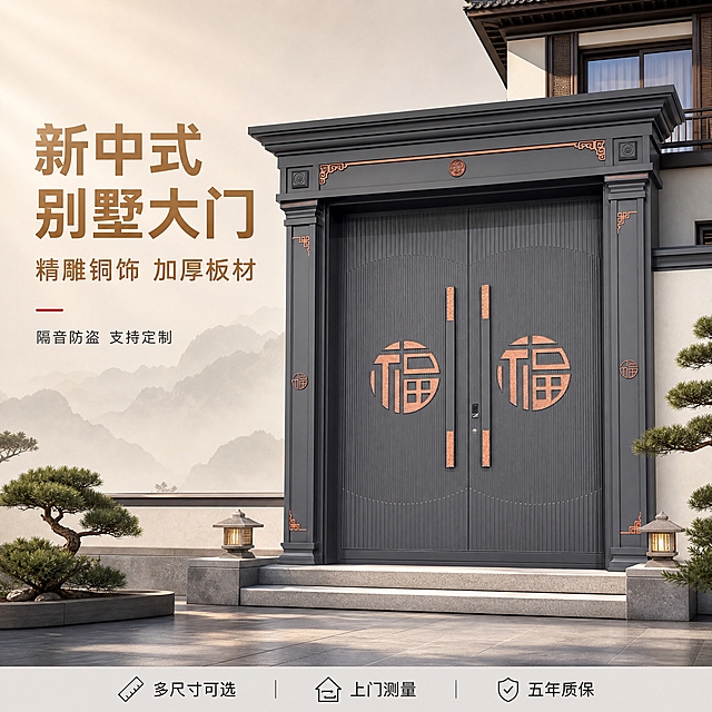 [主图-1] 新中式别墅大门首图，展示高端入户效果与产品整体外观。
[统一基调] 高端新中式轻奢风格，深灰与古铜金为主色调，背景为浅米灰渐变搭配柔和中式山水剪影，标题字色为古铜金色，辅助文字深灰色，强调色为朱红点缀；字体采用粗黑体主标题 + 细黑体副标题，整体简洁大气、专业品质感，无多余装饰。
[画面] 产品为深灰色对开别墅大门，门身竖条纹肌理，四角有铜色回纹角花装饰，门柱宽厚稳重，整体保持原图外观结构不变。大门置于现代新中式别墅入户场景中，正面微仰视角度，主体占画面约70%，门前有两级浅灰色石材台阶，两侧点缀小型禅意石灯与迎客松盆栽，背景为浅米色院墙与隐约山影，地面为深灰色哑光石材。左上位置放品牌角标区域，左侧中部竖排主标题，底部有一条浅灰色信息条。
[光影质感] 商业摄影质感，自然光从左上方斜射，门身金属质感细腻，铜色饰件有温润光泽，台阶与地面有柔和接触阴影，整体光线明亮通透，突出大门厚重感与精致细节。
[配色] 主色深灰、古铜金，背景浅米灰，点缀朱红色，文字古铜金与深灰搭配，保持统一高端调性。
[文字版式] 左上品牌角标区留白；左侧主标题两行：“新中式别墅大门”“精雕铜饰 加厚板材”，主标题古铜金粗体大字；副标题小字深灰：“隔音防盗 支持定制”。底部信息条浅灰底，深灰小字：“多尺寸可选 上门测量 五年质保”。文字均放在左侧与底部负空间，不遮挡大门主体。
[输出要求] 比例1:1，2K分辨率，产品清晰不变形，文字清晰可读，无错字，无水印，无平台Logo，无多余杂物，画面干净高级。