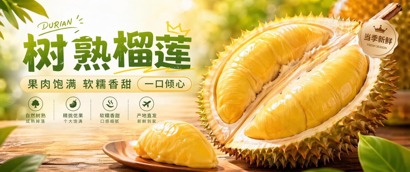 去除图片左下角的价格区域，包括文字"限时特惠 ¥158 立即抢购"，保持整体绿色木质背景风格和其他文字、榴莲画面不变，自然修补去除区域背景预览效果