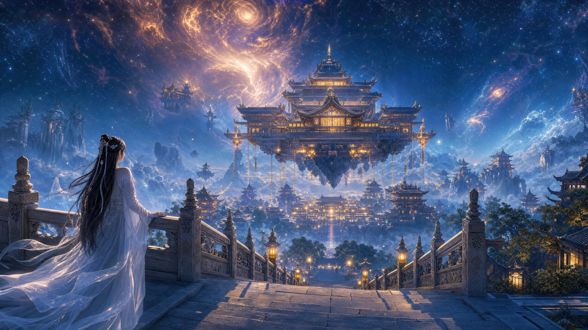 宇宙星云悬浮天宫秘境，星穹之上的东方仙宫，史诗级中式仙侠美学场景，极繁主义细节，极致纵深空间深邃感，兼具恢弘仙气与空灵孤寂感。视角：低角度纵深构图，以石质天阶与悬浮主殿为引导线，强化从近景女子到远景星预览效果