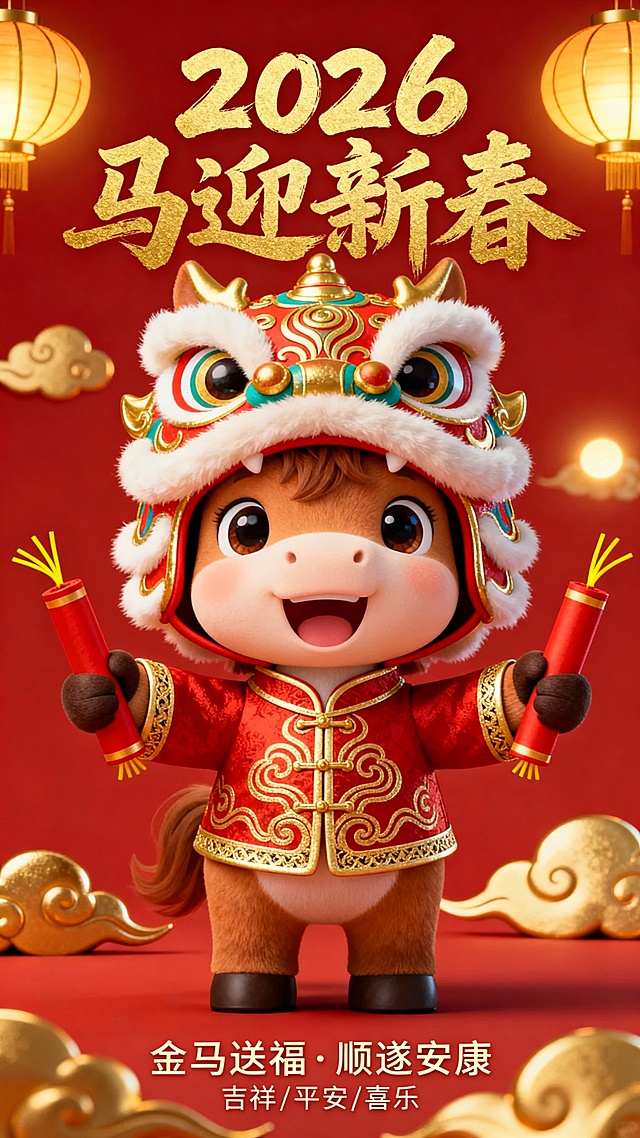 2026马年3D萌系海报，主体是一个戴着醒狮头套、身穿红底金纹唐装的可爱小马形象，手持红色鞭炮，背景为正红色，点缀金色灯笼与祥云。
顶部金色书法标题：“2026 马迎新春”，底部小字：“金马送福·顺遂安康”与“吉祥/平安/喜乐”。
整体画面喜庆温暖，充满萌趣，适合作为春节拜年图。
