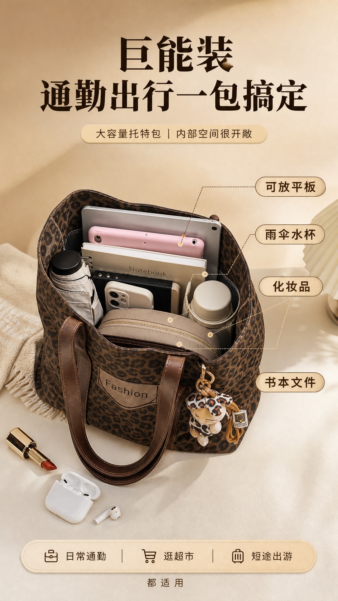 [商品] 使用【图1】深棕豹纹大容量托特包；保留敞口托特造型、… - 图片创意预览
