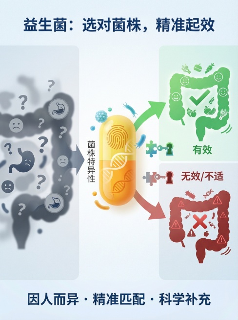 《解锁益生菌的正确方式：精准匹配，而非盲目补充》

视觉风格： 现代简约、信息可视化、柔和科普感、微立体感。

构图描述：

画面分区（左-中-右结构）：

左侧 - 问题区： 描绘一个模糊、混乱的肠预览效果