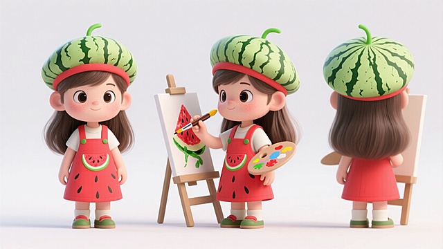 3D卡通风格，西瓜拟人化角色，波普艺术手法，可爱绘画场景。