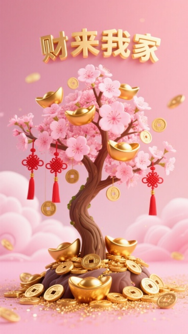喜庆吉祥风格，粉色樱花发财树，树上挂满金色元宝和铜钱，枝条挂红色中国结，背景是粉色渐变+粉色祥云装饰，树底堆满金元宝和铜钱，3D立体渲染，高细节质感，温馨热闹的招财氛围
金粉文字，财来我家预览效果
