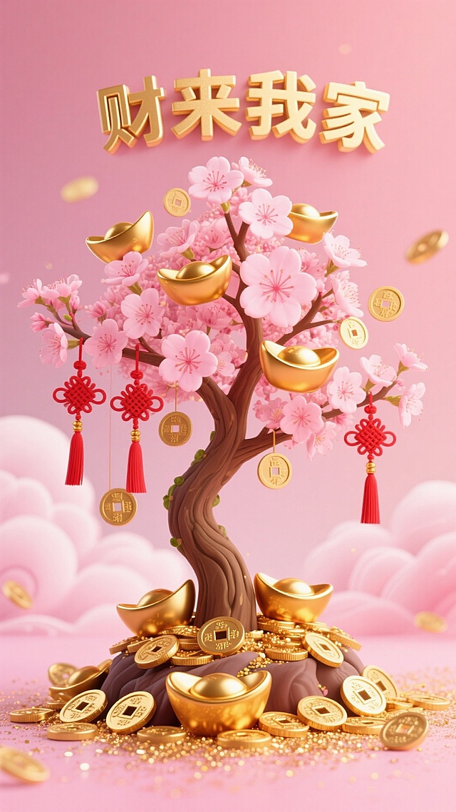 粉樱招财树挂金蟾元宝，祥云环绕 “财来我家”，富贵满溢