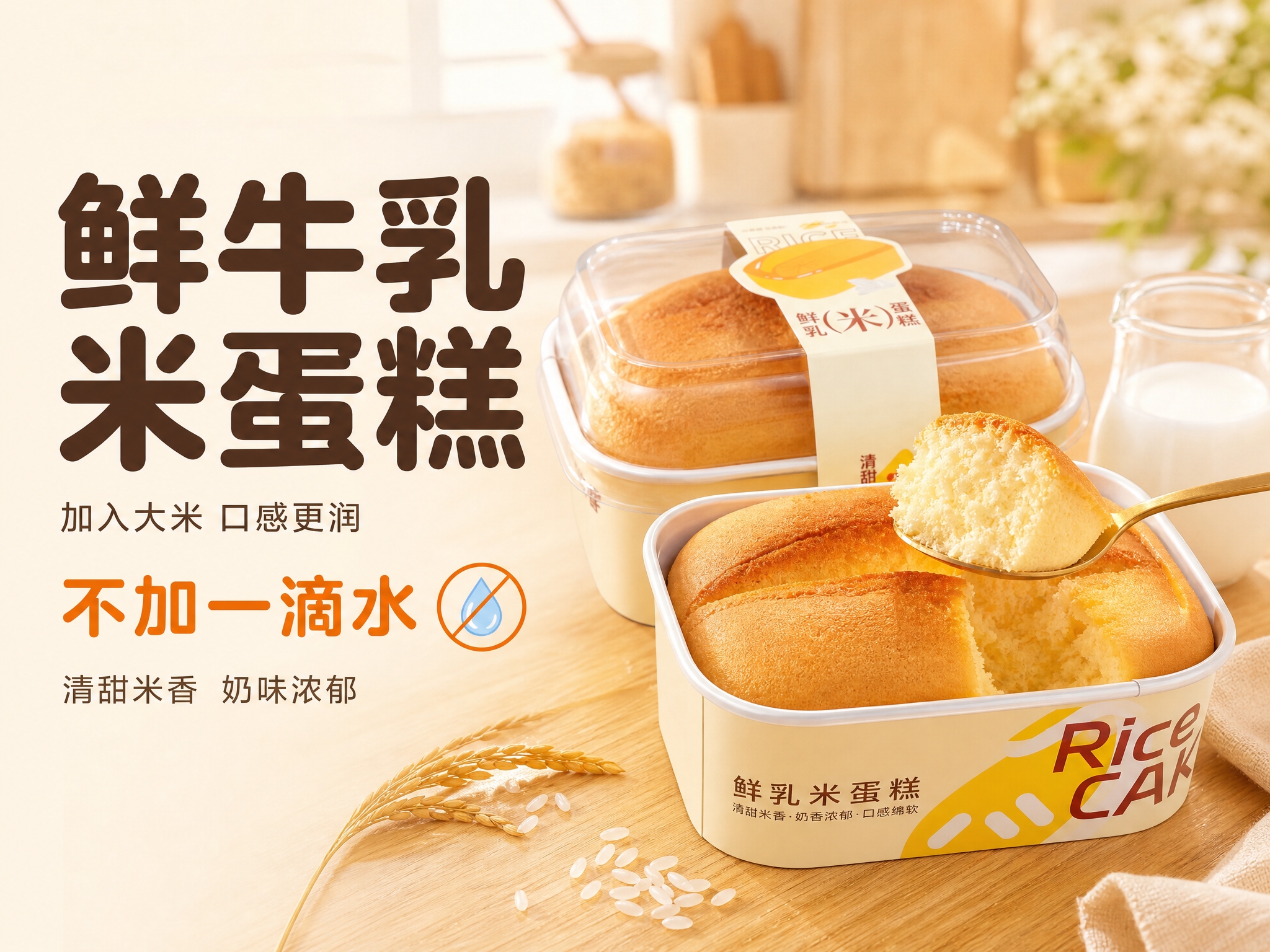 [主图-1] 鲜牛乳米蛋糕首图，突出食欲感与不加一滴水的核心卖… - 图片创意预览