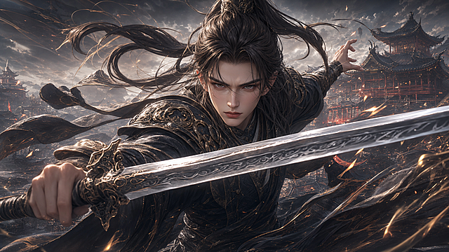 A Chinese warrior with long hair,wearing black armor,and holding an iron sword is waving his sword. The background features ancient architecture,anime style,Artgerm style concept art,character close ups,game covers,fantasy illustrations,original game artworks,high resolution,ultra detail,high detail,and the best quality