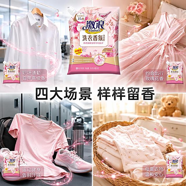 [主图-7] 多场景适用宫格图 四宫格展示不同衣物场景
[氛围风格] 生活方式场景宫格 温馨多样 洁净香氛 代入感强
[画质] 商业摄影质感 各宫格光线自然通透 画面干净高级 超高清细节
[元素] 画面为四宫格布局 展示激浪洗衣香氛适用的四种衣物场景。左上宫格 职场白衬衫挂在衣架上 周围飘散粉色香氛粒子 办公室背景虚化。右上宫格 柔软粉色连衣裙平铺在床上 床头柜有玫瑰花 卧室背景。左下宫格 运动T恤与运动鞋 健身房储物柜背景 衣物清新无异味。右下宫格 宝宝的浅色小衣服叠放在婴儿篮旁 温馨母婴房背景。每宫格角落都有小尺寸激浪产品图标点缀。画面中央顶部放置激浪洗衣香氛洗衣粉袋装产品 正面展示 产品外观物理结构材质颜色与输入产品图完全一致 杜绝变形和色差 精细化处理。产品占画面约25%。画面满屏无边框。
[光影] 各宫格各自场景自然光 左上冷白办公光 右上暖粉卧室光 左下冷灰运动光 右下暖黄母婴光 整体统一柔和 产品区域主光从上方打下
[配色] 整体粉白金色调统一 各宫格根据场景略有变化 保持协调
[视角构图] 四宫格均等分布 产品在顶部中央横跨两格 视觉中心 各宫格场景独立又统一
[文字版式] 顶部产品下方大标题"四大场景 样样留香" 黑色大号粗体无衬线字。每个宫格右下角加场景标签 左上"职场通勤 自带高级香" 白色字半透明底 右上"约会出行 玫瑰花香" 白色字半透明底 左下"运动健身 告别汗味" 白色字半透明底 右下"母婴衣物 温和安心" 白色字半透明底。
[输出要求] 1:1比例 文字清晰锐利 超高清商业摄影质感
[负向提示词] 变形 文字错乱 产品图模糊 背景杂乱 水印 电商平台Logo 多余的手 畸形手 肢体穿模 人物面部扭曲