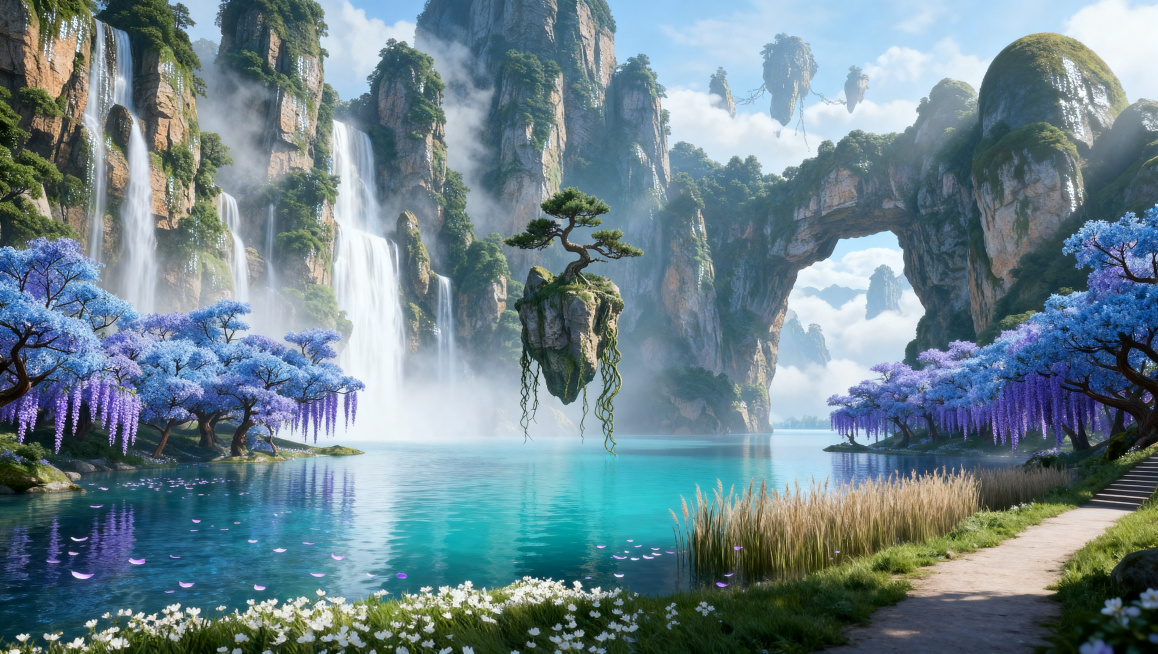 东方仙侠「蓝花幽谷仙境」，以张家界式峰林为基底，蓝花林与湖泊构成治愈系自然秘境，传递宁静空灵的东方禅意。湖中间有一个神秘的悬浮山体，山体上有一颗造型独特的松树，悬浮山体下面有类似阿凡达山体的藤蔓，整个预览效果