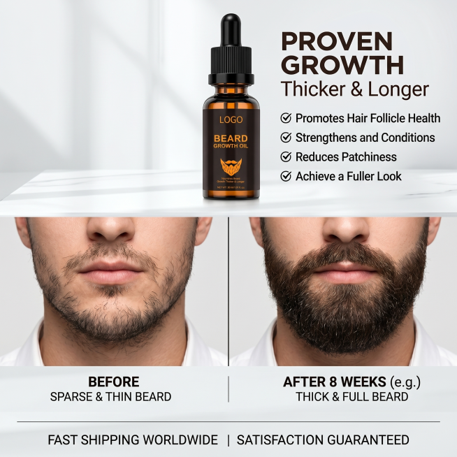 阿里巴巴国际站电商主图，胡子生长精油，展示使用前后对比效果，左侧稀疏胡子，右侧浓密胡子，突出"GROWTH Thicker & Longer"功效卖点，英文文案，干净商务风格，1:1构图，高清商业摄影预览效果