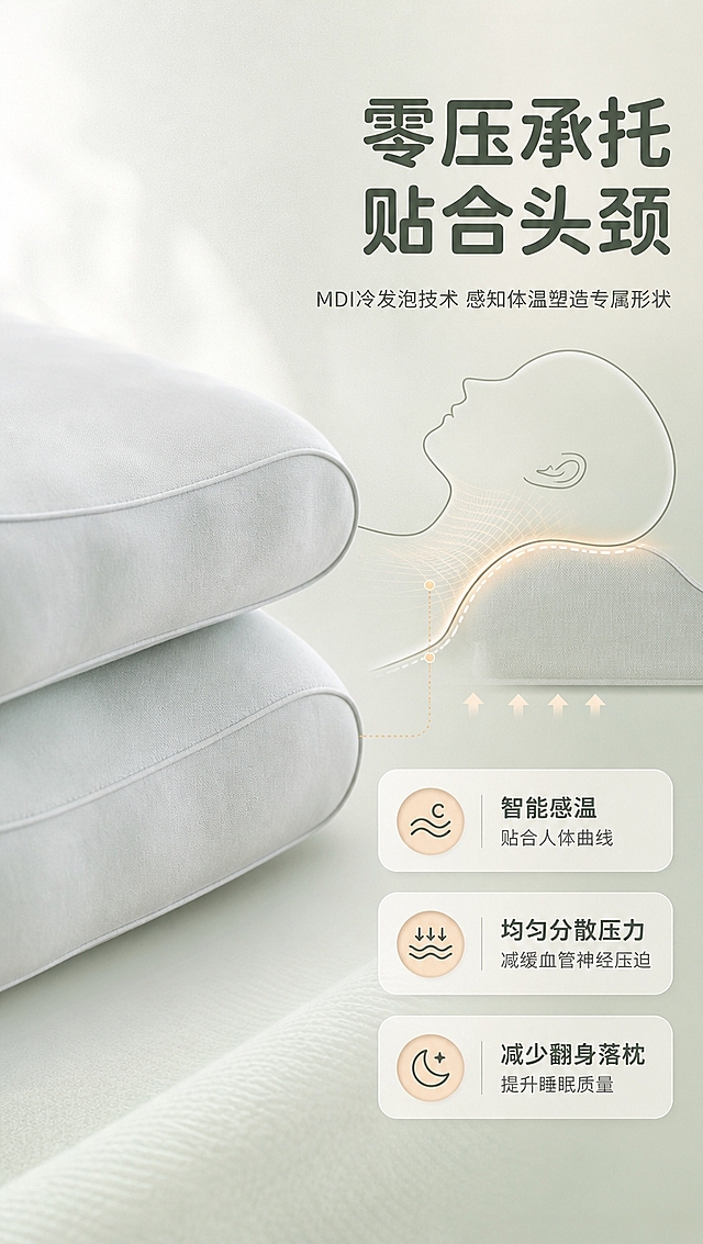 [商品] 使用【图3】浅灰绿色枕头叠放展示；保留枕头的弧形轮廓、浅灰绿面料、缝线包边工艺、标签位置；商品处理：去除标签贴纸，保留面料细腻纹理和精致缝线，增强面料质感和立体感，不改变枕头形状和颜色。
[画面] 零压承托卖点页，目标是展示MDI冷发泡技术和人体工学贴合效果。左侧为枕头侧面特写，展示枕头的弧度和承托曲线，占画面约45%。右侧配人体头颈侧面轮廓示意图，虚线显示枕头贴合头颈曲线的承托效果，用柔和光晕表现零压感。背景为浅灰绿渐变，营造科技舒适感。
[视觉] 套系策略：风格=清新自然家居商业摄影风；标题字=圆润无衬线粗体；正文字=简洁无衬线体；主色=浅灰绿+米白；背景延展=基于浅灰绿和米白做深浅层级、同色渐变和细腻织物/纸张质感；强调色=暖杏色，仅用于小面积图标、引线和标签；标题色=深灰绿；正文色=中暖灰；组件=圆角浅底信息卡、细线引线、柔和图标；光影=左前侧暖柔光，自然窗边光线感。
[文字] 右上主标题「零压承托 贴合头颈」，副标题「MDI冷发泡技术 感知体温塑造专属形状」。下方3个卖点：①智能感温 贴合人体曲线 ②均匀分散压力 减缓血管神经压迫 ③减少翻身落枕 提升睡眠质量。文字区在右侧，不遮挡枕头主体。
[规格] 图片比例9:16竖版，4K分辨率，淘宝/天猫详情页风格，中文文案，避免变形、错字、文字过小、冷蓝/蓝灰背景、枕头颜色改变、医疗化表述、极限词。