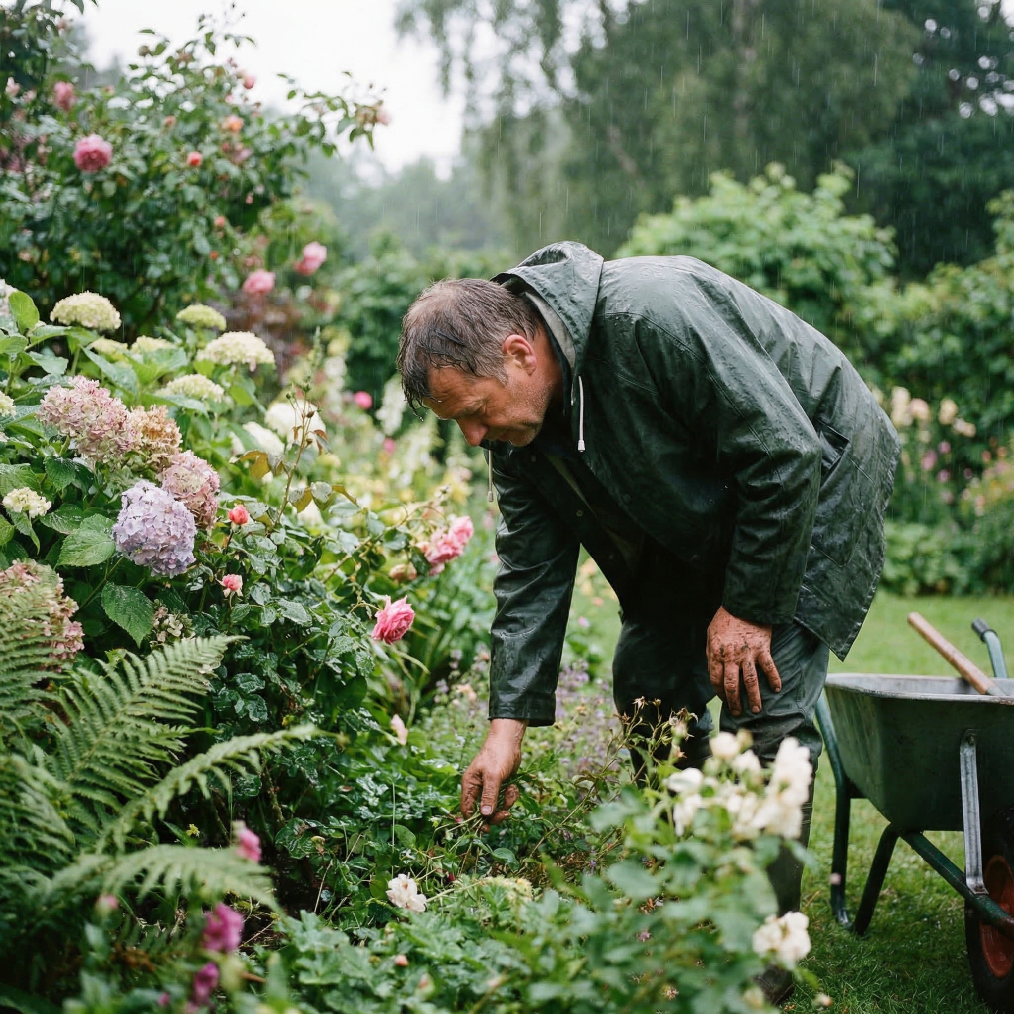 雨天的花园，细密雨水落在绿植花卉上，一位中年欧美男子园丁穿着深… - 图片创意预览