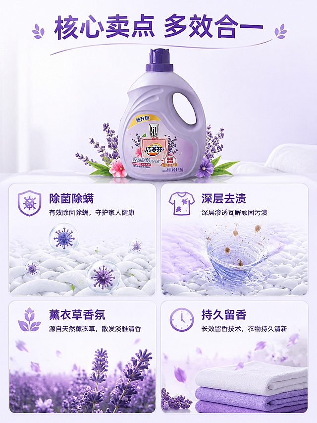[第3屏] 核心卖点四宫格解析，本屏使用【图1】提取产品元素。本屏功能定义：四宫格展示四个核心卖点：除菌除螨、深层去渍、薰衣草香氛、持久留香。[氛围/风格] 清新明快，信息清晰，简约家居风，高清质感。[元素布局] 画面分为2×2四宫格，每格展示一个卖点，搭配图标和短说明；主产品图放置在标题区下方，占比约20%。每个卖点搭配对应场景元素，例如香氛搭配薰衣草，除菌搭配清洁图标。[光影质感] 均匀明亮布光，每个格子光影清晰，无明显暗角。[配色色系] 全局底色 #f5f0fa；主色薰衣草紫，辅助色白色、浅绿点缀。[视角构图] 网格排版，信息层级清晰，从上到下阅读。[文字版式] 顶部主标题 "核心卖点 多效合一"，每个格子内标题卖点名称，下方一行短说明，文字大小适中，清晰可读。[比例分辨率] 3:4竖版比例，4K分辨率，文字清晰可辨，高清画质。[负向提示词] 格子变形，文字错位，产品模糊，颜色偏差，水印
