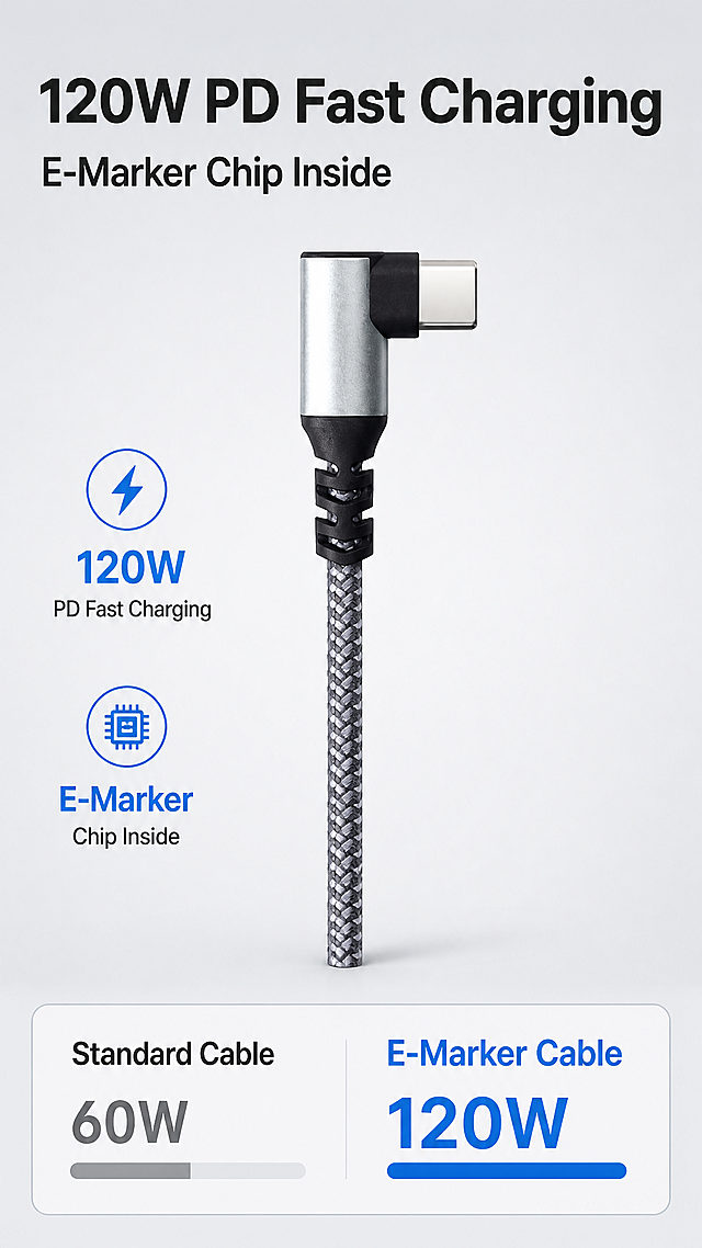 [主图-2] 竖版核心价值：120W PD 快充与 E-Marker 芯片。
[统一基调] 跨境科技数码竖版社交媒体风：浅灰白背景为主色，深石墨灰标题字，银灰金属高光为辅色，单一强调色为科技蓝仅用于小面积图标与数据高亮；统一现代无衬线字体；卡片统一圆角矩形浅底细描边；光影方向统一为左前上方四十五度冷白主光；产品外观结构颜色与输入产品图完全一致。
[画面] 纵向三段式：上方标题区占比四分之一；中部产品区，产品沿纵向主轴竖立，弯头端朝下且弯折朝向与原图一致（线身从下方接入、插头向右转折），产品占画面约55%；下方数据区放一根横向对比条。背景为浅灰白纵向渐变，产品有浅淡接触阴影。
[小屏优化] 竖向只用一条主线叙事：上面讲结论，中间看产品，下面看证据；数字字号放到画面宽度百分之十二以上；对比条只保留两段，不做多指标堆叠。
[文字] 上方主标题横向排版、左对齐：120W PD Fast Charging大字粗体；其下一行副标题E-Marker Chip Inside；下方对比条左段浅灰标注Standard Cable、右段科技蓝标注E-Marker Cable，两端标签加大字号；数字与标签均能在缩略图下读出。
[规格] 图片比例9:16竖版1080×1920，避免弯头方向翻转、镜像反转、变形、错字、文字过小、竖排文字、品牌Logo、平台Logo、中文文字。