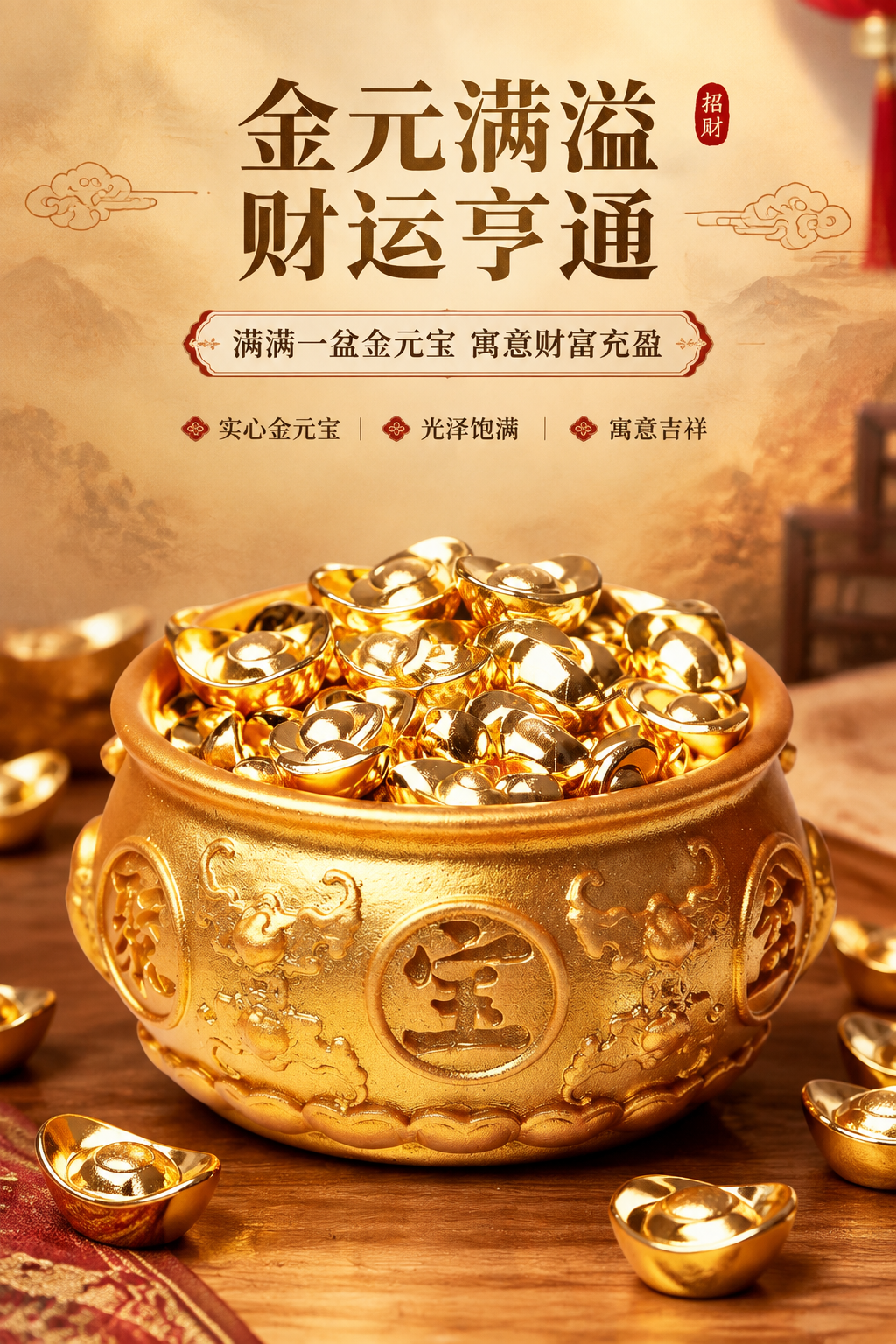 [商品] 使用【图1】金色聚宝盆招财摆件；保留内置金元宝数量、… - 图片创意预览