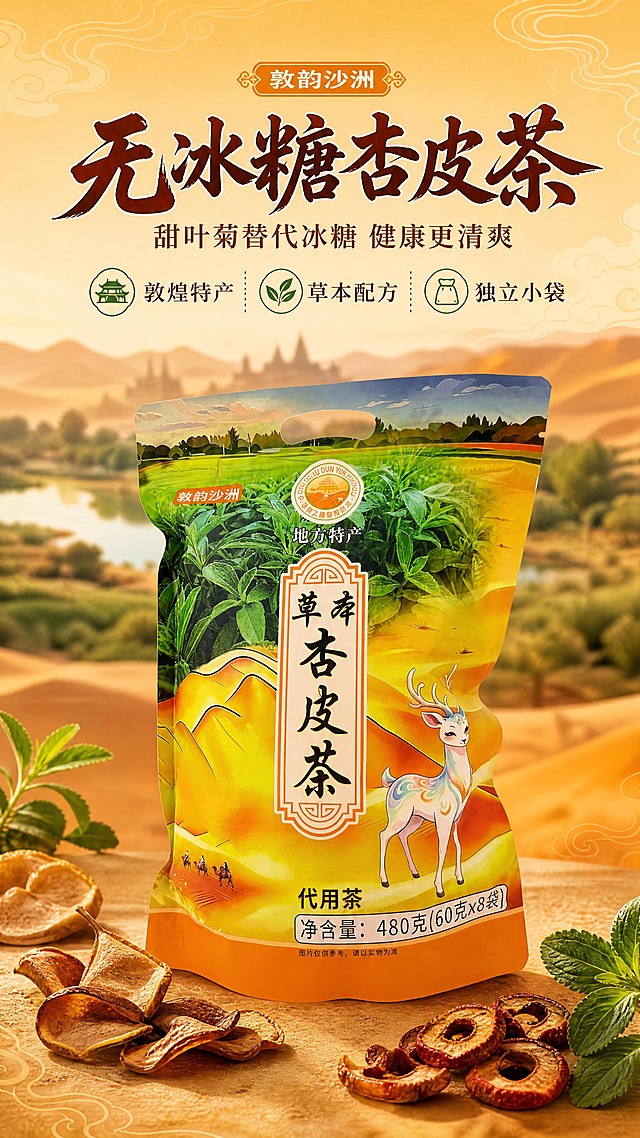 [商品] 使用【图2】草本杏皮茶大包装正面图；保留包装整体结构、橙黄渐变底色、九色鹿图案、"草本杏皮茶"竖排书法字、"敦韵沙洲"品牌标识、"地方特产"字样、净含量480克(60克x8袋)文字、代用茶标注、顶部甜叶菊植物图案、底部沙漠驼队元素；商品处理：清晰化包装文字与图案，增强包装袋质感与立体感，不改变包装颜色、结构和原有文字内容。
[画面] 目标：食欲氛围头图，突出无冰糖更健康的敦煌地方特产杏皮茶。构图：上文下图，产品主体居中偏下，占画面约55%，包装袋正面朝向观众略向右倾斜15度；上方留白放置标题文案；前景散落几片干杏皮、山楂片与甜叶菊枝叶做点缀；中景为产品；背景为虚化的敦煌沙漠与绿洲渐变，叠加细腻国潮云纹肌理。阅读动线：从上至下，先看标题再看产品。前中后景三层：前景原料特写、中景产品主体、后景虚化沙漠绿洲。
[视觉] 套系策略：风格=国潮敦煌风商业美食摄影；标题字=国风书法粗体（带轻描边）；正文字=简洁宋体；主色=暖橙黄（取自包装主色）；背景延展=基于暖橙黄做深浅渐变、同色系沙漠绿洲层次与国潮云纹肌理；强调色=青绿（取自甜叶菊与包装绿色元素），仅用于小面积图标、引线和标签点缀；标题色=深棕红；正文色=深暖棕；组件=圆角国风边框信息卡、细线引线、敦煌纹样装饰；光影=左前侧暖柔光，产品底部有自然投影。
[文字] 上方居中放置主标题"无冰糖杏皮茶"（大字，深棕红书法体）；主标题下方副标题"甜叶菊替代冰糖 健康更清爽"（中号字，深暖棕）；副标题下方3个短卖点横排小图标+文字：「敦煌特产」「草本配方」「独立小袋」；文字区不遮挡产品主体与九色鹿图案。
[规格] 图片比例9:16竖版，4K分辨率，负向提示：避免变形、错字、文字过小、冷蓝/蓝灰背景、包装颜色改变、包装文字错乱、产品结构失真、二维码、条形码、第三方平台logo。