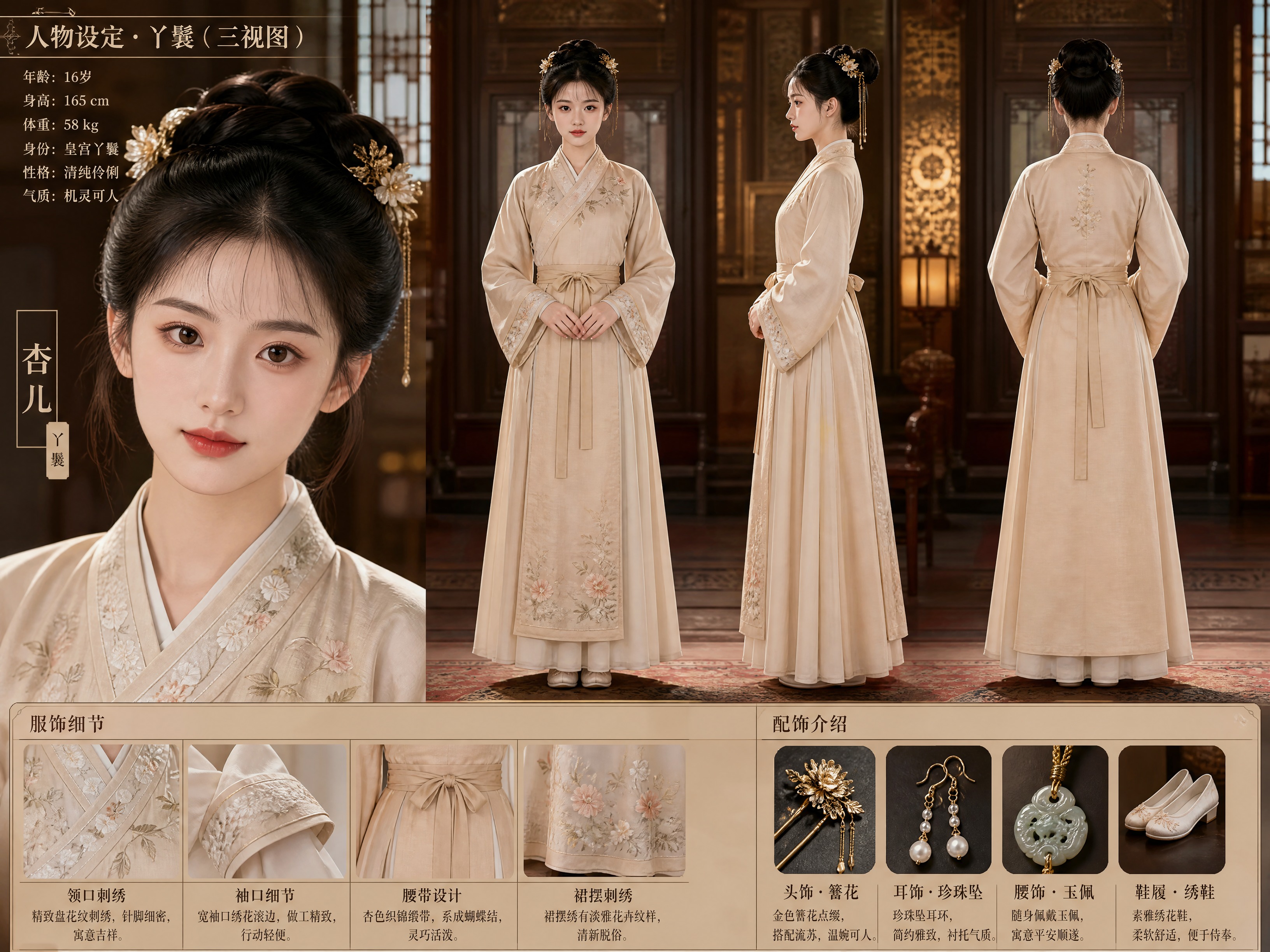 古代皇宫丫鬟人物三视图设定图，16岁少女，身高165厘米，体重… - 图片创意预览
