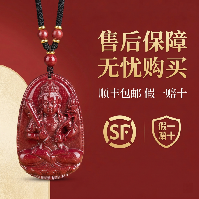 严格还原上传的朱砂本命佛吊坠产品图，包括红色朱砂材质、本命佛雕刻图案、黑色编织配绳、顶部朱砂珠和装饰细节，产品外观必须与参考图完全一致，不得改变吊坠的设计、配色方案或品牌元素，保持产品的真实哑光朱砂质预览效果