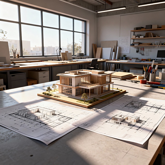 建筑模型与蓝图，现代工作室，3D渲染风格，阳光照射