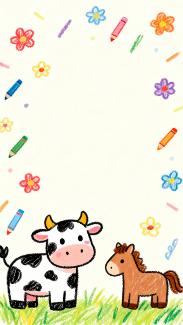 可爱海报底版，绘制可爱的彩色蜡笔线条风格奶牛、小马，搭配彩色蜡笔线条小花花，整体风格童趣活泼，添加可爱的装饰元素，背景干净柔和，适合作为海报底版使用预览效果