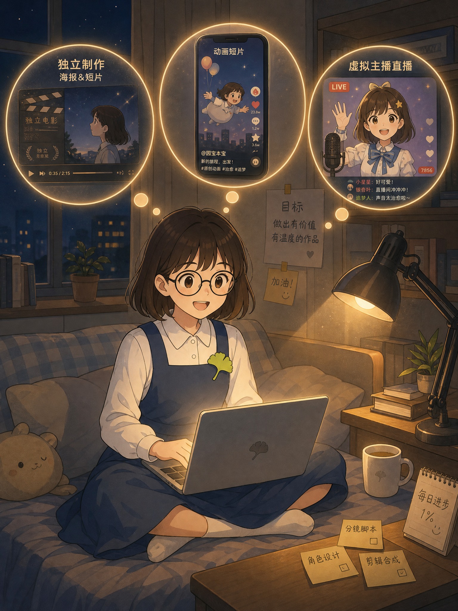2D扁平化插画风格，简洁线条，竖版4:3构图，暖色调夜景，温馨… - 图片创意预览