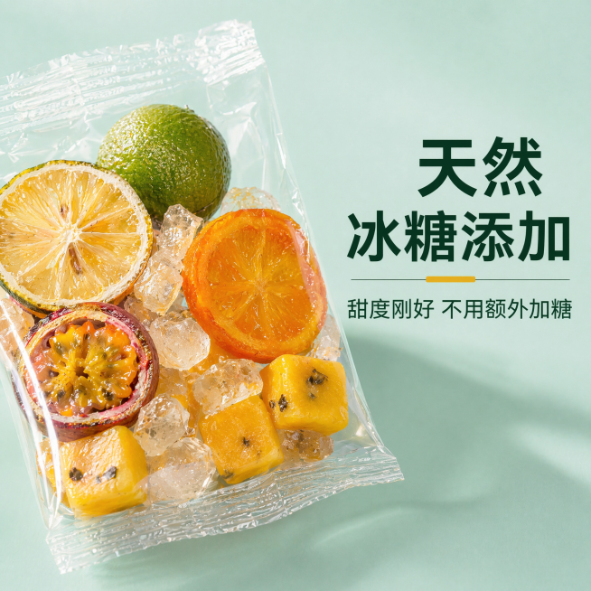 [主图-3] 产品细节特写图，放大展示独立小包装内部，清晰呈现青桔柠檬百香果和块状冰糖。保持产品独立包装外观与输入产品图一致，微距特写展示包装内水果干和冰糖清晰纹理，能看到青桔柠檬百香果的真实果干形态预览效果