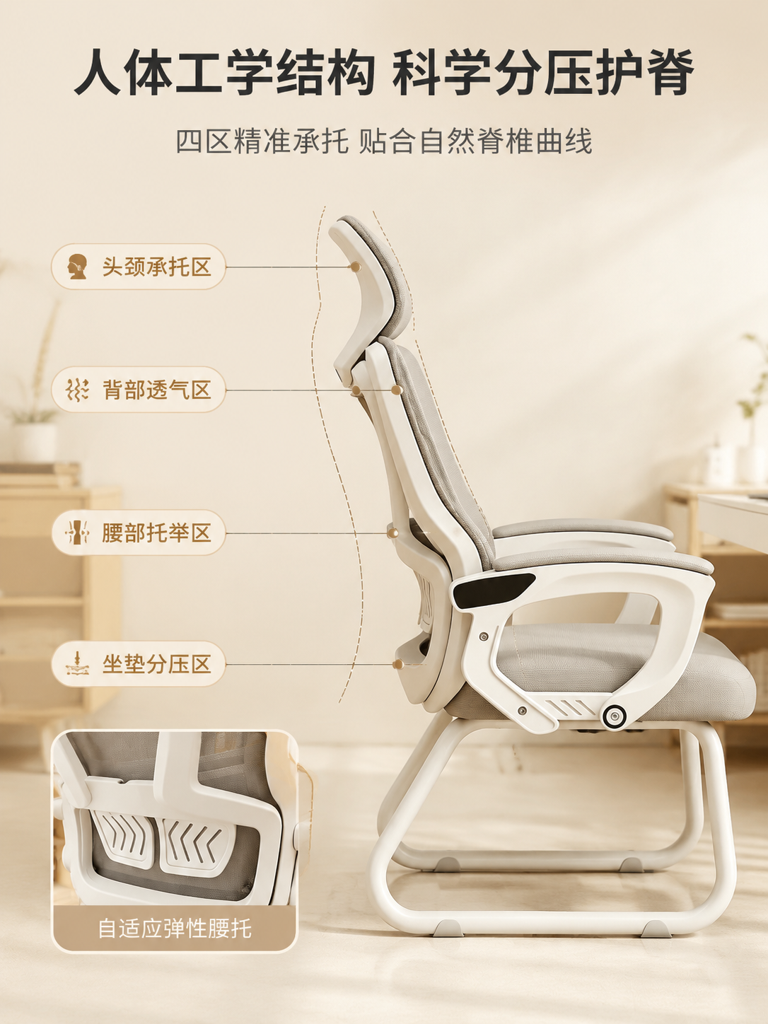 [商品] 使用【图1】米白框架浅灰网布人体工学可躺办公椅；保留… - 图片创意预览