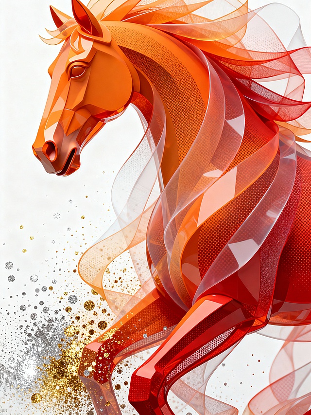 极繁主义，半调图案，杂色，丝网印刷质感，局部过渡区域用喷洒的半透明渐变的白色金色银色点绘进行衬托。 前景：CGI 数字艺术作品，抽象、橙色到红色渐变色动态的立体图形，半透明薄膜材质，薄膜层叠流动形成 马 的形状，字体变形流畅灵动，有层次感。纯白色背景。 背景色彩：根据整个画面色彩对比进行统一加强主体周围色彩对比，