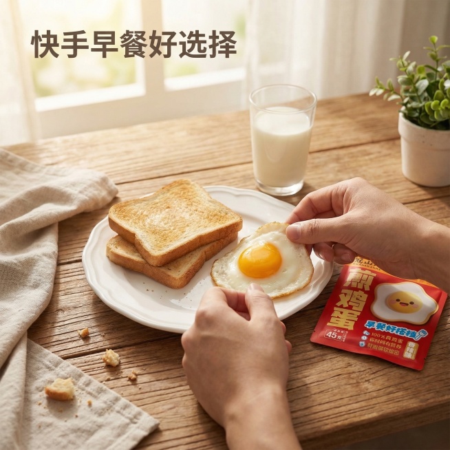 香辣味即食煎鸡蛋场景主图，模拟第一人称食用视角，手撕开包装袋，取出煎鸡蛋放在白色早餐盘里，搭配面包和牛奶放在原木餐桌上，清晨自然光柔和，整体温馨有生活气息，主标题"快手早餐好选择"放在画面左上角，浅灰预览效果