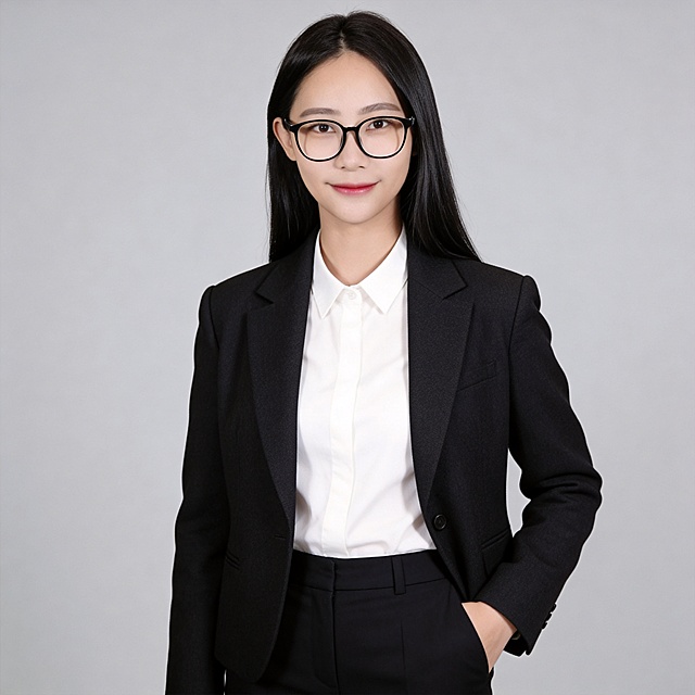 参考图中保留人物脸型、发型、年龄等特征生成职场形象照,标准焦段50mm,f/4光圈(f/2.8-f/4区间),平视视角(镜头与人物视线齐平);人物占画面70%,人物居中(居中构图),位于画面中心,为视觉聚焦点,入境范围头部及以下至臀部下方10cm(半身像);左右留少量背景空间;头部与画面顶部保留5%空间;头部发型完整,头肩比例协调,人物结构准确;身穿深黑色精纺羊毛混纺西装外套,(平驳领设计,面料呈细腻微微哑光质感);内搭白色衬衫;下装深黑色精纺羊毛混纺西裤;着装正式干练;专业稳重;身形匀称,姿态端正,身体挺拔。呈左手插兜的自然姿态，肢体放松且自信;发质微微柔顺，微微蓬松。佩戴黑色框眼镜;简约微微中度灰色纯色背景(呈现均匀柔和质感),背景光线均匀柔和,强化色彩对比的高级感。极简干净;32k画质超高分辨率、细节清晰,现代精致感风格;肤质精细化处理;眼神直视镜头,目光坚定且澄澈,表情自然。嘴角上扬;韩式美颜磨皮精致妆容,自然裸妆(清透底妆+淡色唇妆),妆感轻薄,肤质精细化处理;白皙清透肤质透亮,微微柔光提亮,细腻无瑕,通透高级感干净清透肤质,肤色均匀,肌肤柔光美白细腻,自然提亮,光影柔和通透水光肌,肤质细腻平滑干净哑光肤质,无油光无暗沉;干净肤色,健康肤色,无蜡黄,无暗沉,无黄皮,肤质细腻,高清皮肤细节;微微修饰脸型,肤质哑光细腻,面部雾面柔光,轻透裸肌感,真实毛孔纹理,杰作,最佳画质,超高细节,写实摄影,中近景人像,面部清晰,五官精致,皮肤细腻通透,白皙清透皮肤,干净肤色,柔光,正面补光,面部光线均匀明亮,无浓重阴影,冷色调白平衡,画面干净清新,色调明亮,对焦清晰;分辨率4K,去除人物之外的所有元素。严格按照图片内容生成。