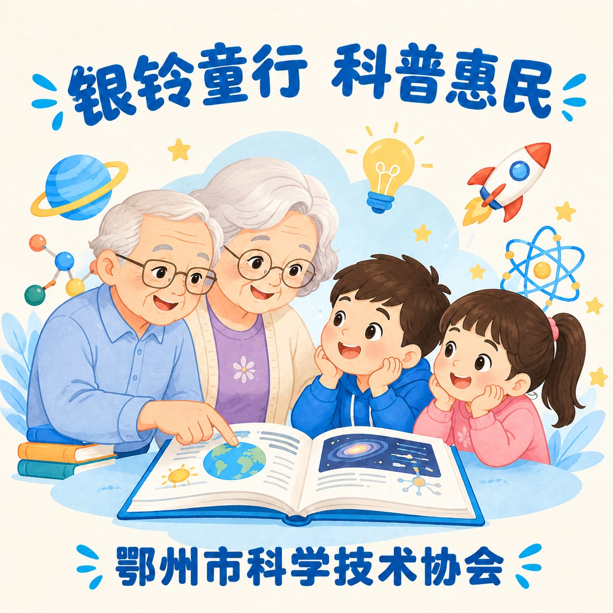 在现有画面基础上增加一位老爷爷和一个小女孩，组成祖孙四人共同科… - 图片创意预览
