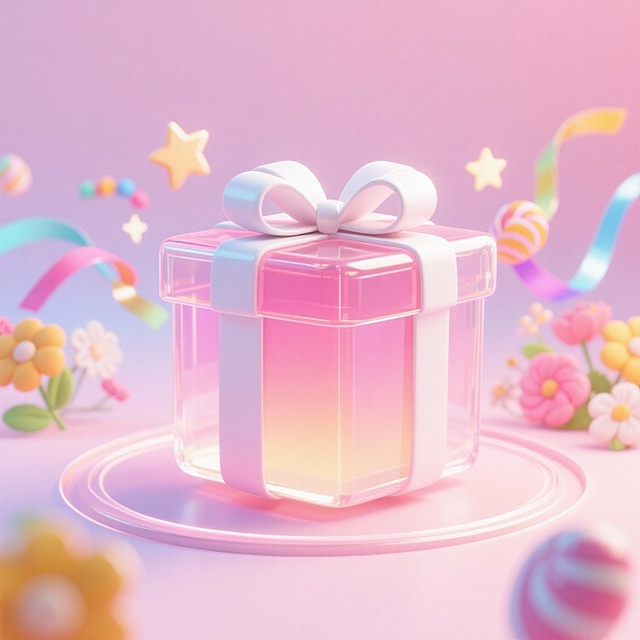 梦幻粉色渐变礼盒，透明玻璃质感搭配柔美蝴蝶结，软3D风格呈现甜美可爱氛围，点缀花朵与彩带，节日感十足。