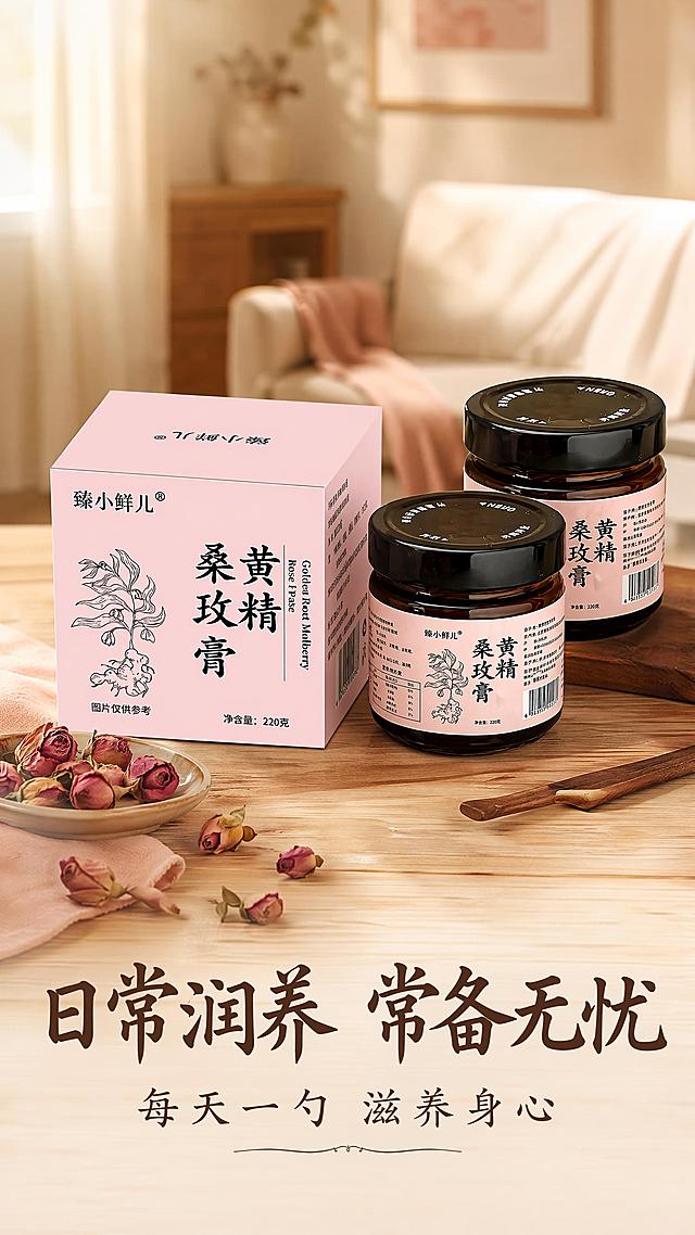 [第8屏] 收尾囤货场景-黄精桑玫膏日常分享氛围。本屏使用【https://gdesign-dam-hz.dancf.com/36925018476631148/9d69c9f58d794bafaf77881c5735bc36.jpg】作为商品主体。
[氛围/风格] 温馨生活氛围感，温暖自然光，营造居家常备的舒适感。
[元素布局] 桌面上摆放两罐黄精桑玫膏和包装盒，搭配干玫瑰和木质茶针，背景为柔和虚化的客厅角落，产品放置在画面中心位置，占比约70%，保持产品包装和外观与原图一致。整体布局有生活气息，不拥挤。
[光影质感] 温暖侧光，整体氛围柔和，产品清晰，背景自然虚化。
[配色色系] 全局底色 #F6F1EE；主色原木浅棕，深棕色产品包装；辅助色浅粉色呼应产品，深棕色文字。
[视角构图] 45°斜侧场景视角，景深适中，主体产品清晰。
[文字版式] 画面底部主标题「日常润养 常备无忧」，副标题「每天一勺 滋养身心」，保持首屏一致温润书法感字体和深棕色字色，文字不遮挡主体产品，清晰可读。
[比例分辨率] 9:16 竖版比例，4K 分辨率，文字清晰可辨，高清画质。
[负向提示词] 产品变形，包装文字错乱，颜色偏差，文字过小，水印，过度促销文案