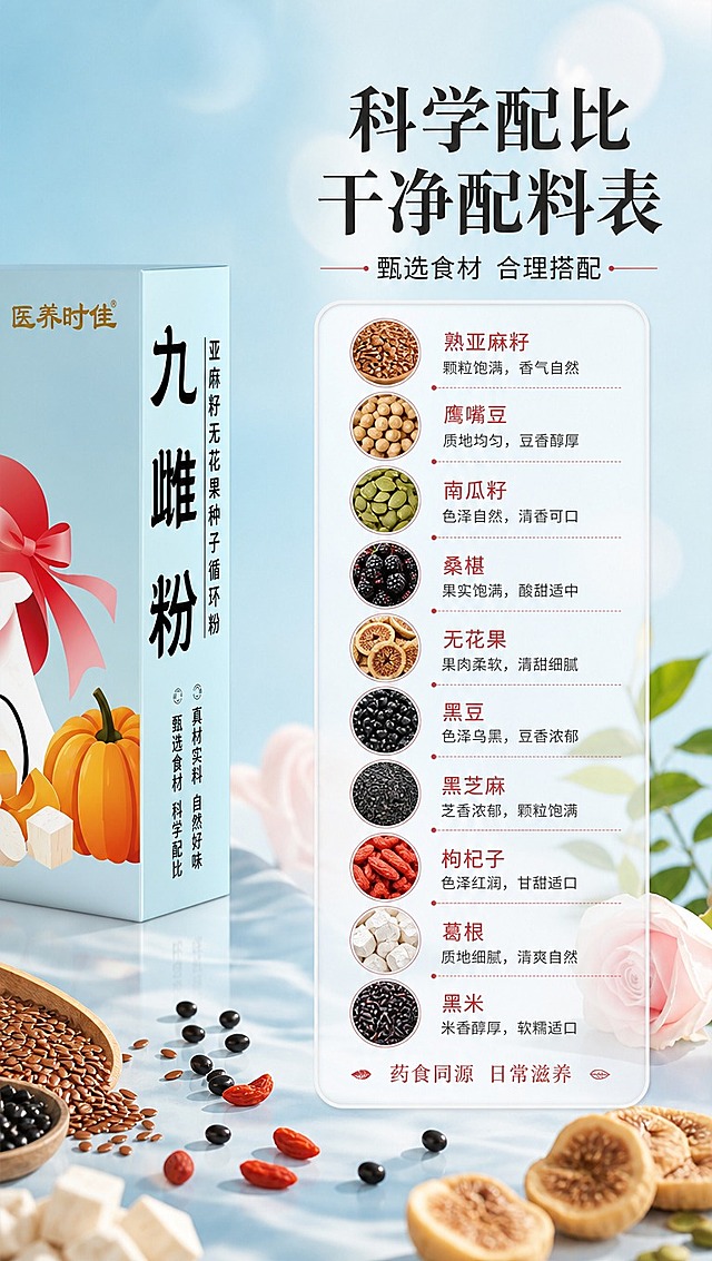 [商品] 左侧露出【图1】九雌粉外盒包装侧面，保留配料表区域和产品名，作为产品关联；不改变包装文字和颜色。
[画面] 目标为干净配料与科学配比展示，左图右文竖版构图，左侧约40%放产品外盒侧面+部分食材点缀，右侧60%为信息区，用圆角卡片呈现配料清单和配比理念；背景为浅蓝柔雾渐变，底部散落少量亚麻籽、黑芝麻、枸杞作为装饰，≥3层视觉层次。
[视觉] 套系策略：风格=清新自然轻养生商业摄影+插画元素融合；标题字=宋体衬线粗体，端庄温润；正文字=简洁无衬线体，清晰易读；主色=浅天青蓝；背景延展=基于浅天青蓝做深浅渐变、柔雾质感和同色系光斑层次；强调色=胭脂红，仅用于小面积标签、引线和重点词高亮；标题色=深墨灰；正文色=中暖灰；组件=圆角浅底信息卡、细线引线、胶囊形标签；光影=左前侧暖柔光，整体明亮通透。
[文字] 右上主标题「科学配比 干净配料表」，副标题「甄选食材 合理搭配」，下方配料卡片横排列出：熟亚麻籽、鹰嘴豆、南瓜籽、桑椹、无花果、黑豆、黑芝麻、枸杞子、葛根、黑米，共10种；卡片底部小字说明"药食同源 日常滋养"；文字全部横排。
[规格] 图片比例9:16竖版，4K分辨率，负向提示：避免功效词、医疗表述、具体产地名称、包装文字错乱、错字、文字过小、极限词。