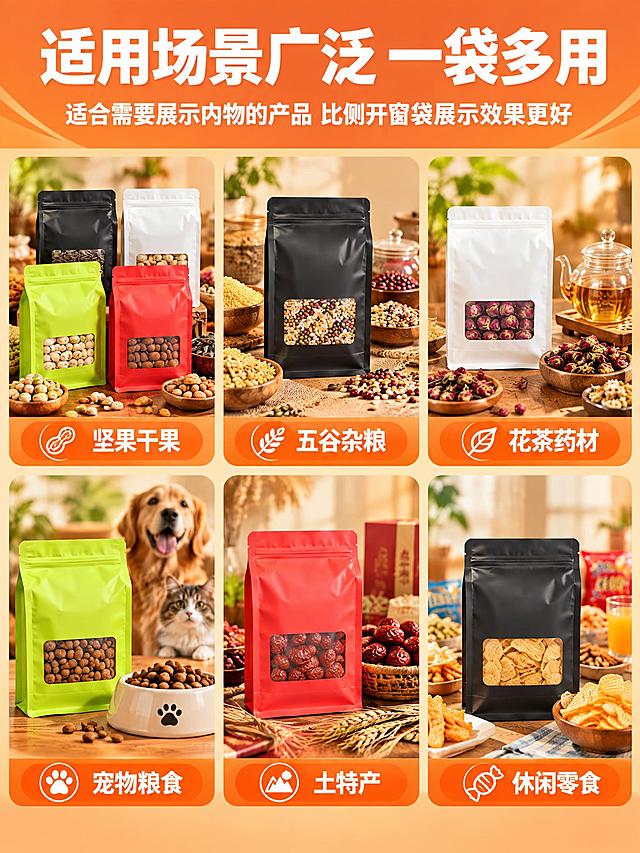 [详情-6] 适用场景与品类展示，拼多多电商风格。
[商品] 使用图10四色八边封自立袋组合与图2黑色 图3白色 图4荧光绿 图6红色单袋；保留各颜色袋子的八边封结构 正面开窗 哑光材质；袋子主体上不添加任何文字。
[画面] 目标展示多品类适用场景，上标题下多场景宫格版式。上方大标题区，下方六个场景小方格 每个方格对应一个适用品类 袋子放入对应场景中（如坚果场景放坚果旁 花茶场景放茶具旁等）。背景为暖米色渐变 带生活场景氛围。
[视觉] 套系策略：风格=拼多多电商大字报风 高饱和度 强对比 直白利益点；标题字=思源黑体超粗体；正文字=思源黑体常规体；主色=暖橙色；背景延展=基于暖橙做深浅层级 同色渐变 生活场景虚化；强调色=深橙色 仅用于标签和图标；标题色=白色；正文色=深棕色；组件=场景方格 品类标签 图标；光影=暖光 产品融入各场景自然。
[文字] 顶部大标题"适用场景广泛 一袋多用"白色粗体超大号 居中。副标题"适合需要展示内物的产品 比侧开窗袋展示效果更好"中号白色。下方六宫格每格底部有品类名称标签："坚果干果""五谷杂粮""花茶药材""宠物粮食""土特产""休闲零食"。标签为深橙色底白字。
[规格] 图片比例3:4竖版 2K分辨率 避免变形 错字 文字过小 冷蓝背景 袋子颜色改变 结构失真 无水印 无平台Logo 袋子主体上不添加任何文字。