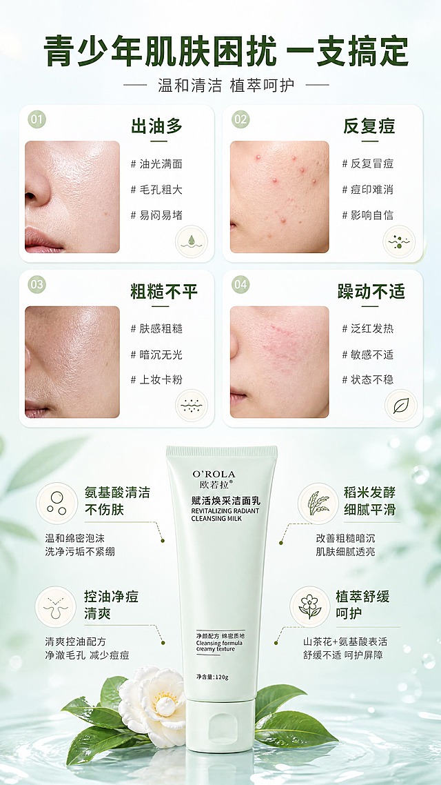 [商品] 使用【图1】欧若拉赋活焕采洁面乳浅绿色软管；保留管身结构、颜色、Logo、品名及所有包装文字；产品在底部居中展示。
[画面] 页面目标：适用人群与肌肤困扰匹配，击中青少年常见肌肤问题；构图：上方四宫格困扰卡片（出油、痘痘、粗糙、躁动泛红），每格配肌肤局部示意+困扰关键词，下方产品图+对应解决卖点；卡片占画面约55%，产品占约25%；前中后景：前景卡片阵列、中景产品、后景浅绿渐变背景。
[视觉] 套系策略：风格=清新植萃少年感商业摄影；标题字=现代无衬线粗体；正文字=简洁无衬线体；主色=清新薄荷绿+浅天蓝；背景延展=基于薄荷绿与天蓝做同色渐变、水光通透感、植物叶片光斑层次；强调色=山茶花米白，仅用于小面积图标、引线和标签；标题色=深墨绿；正文色=中暖灰；组件=圆角浅底信息卡、细线引线、圆形利益icon；光影=左前侧自然柔光，带轻微水光感。
[文字] 顶部主标题「青少年肌肤困扰 一支搞定」，副标题「温和清洁 植萃呵护」；四张困扰卡：出油多、反复痘、粗糙不平、躁动不适；下方对应卖点：氨基酸清洁不伤肤、控油净痘清爽、稻米发酵细腻平滑、植萃舒缓呵护；文字横排，困扰词用强调色标注。
[规格] 淘宝/天猫详情页单屏9:16竖版，4K分辨率，负向提示：避免变形、错字、文字过小、医疗功效、极限词、治疗类表述、产品颜色改变。