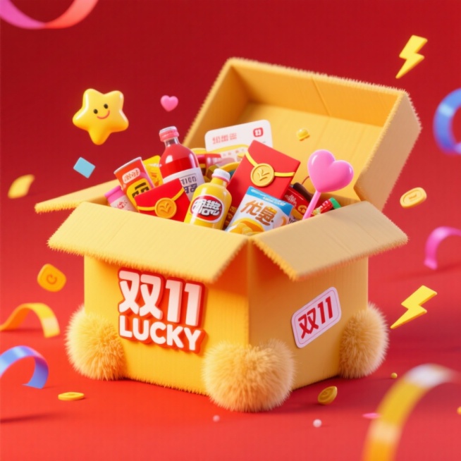 打开的黄色纸箱（印有 “双11”“LUCKY” 标识及贴纸），箱内有红包、很多零食、饮料、优惠券、粉色爱心棒元素。周围点缀彩带、黄色星星、小闪电等促销元素，红色背景。预览效果