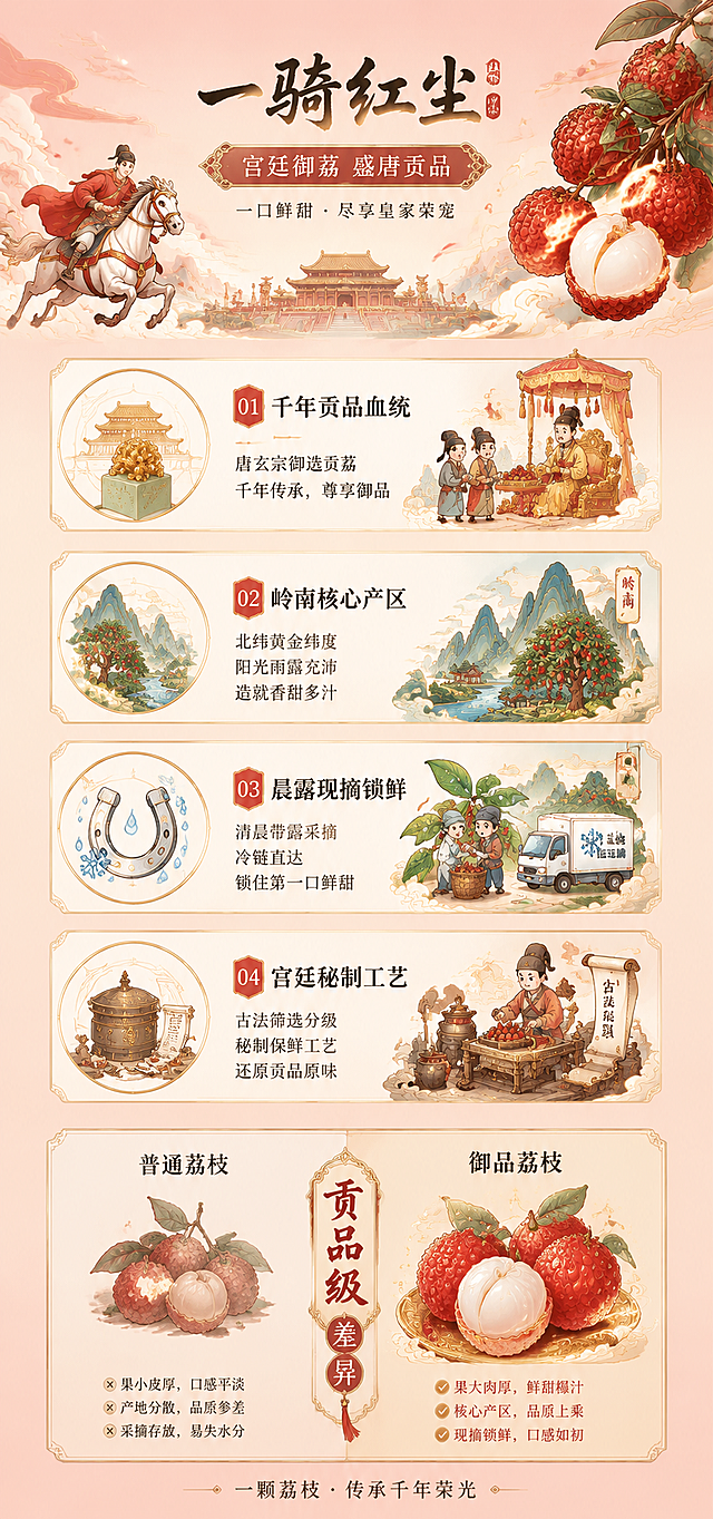 国潮风插画，工笔细腻描绘宫廷贡荔传奇，拟人化场景传递千年故事感，水墨与水彩交融营造梦幻温馨氛围，古典中式美学尽显复古韵味。
